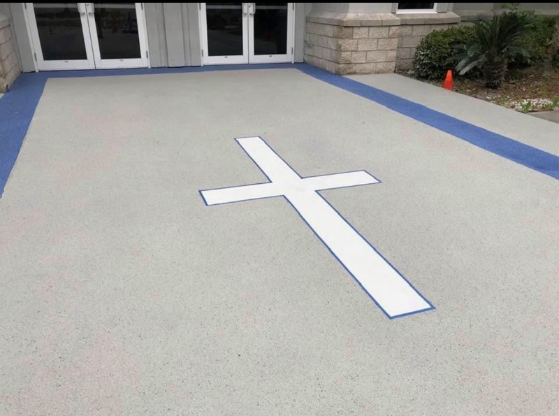 Church entry with cross inlay and blue border