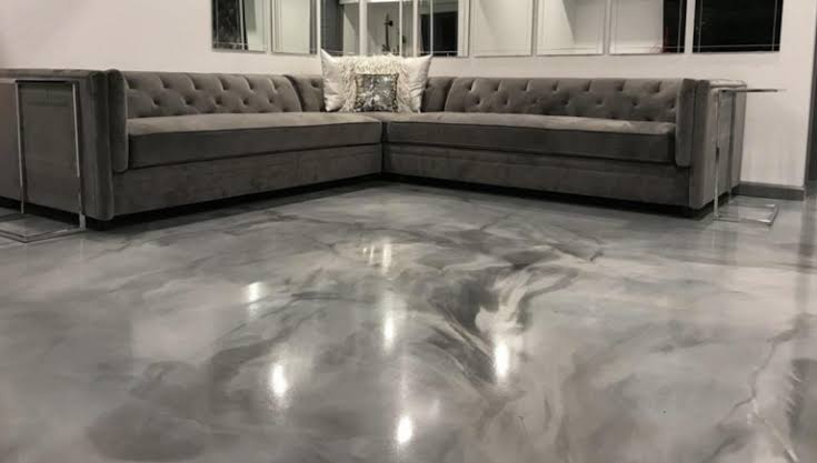 Silver metallic stained concrete floor